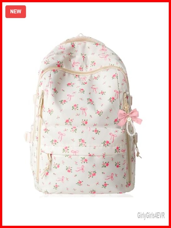 Cute Floral Bow Backpack Aesthetic Preppy Backpack for Women Lightweight Casual